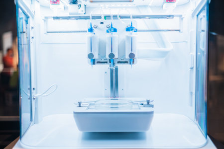 Specimen laboratory equipment with pipettes for accurate chemical analysis of cultured medical petri dish samples. Diagnostic Instrument for blood and cell samples in a clean, sterilized, lab setupの写真素材