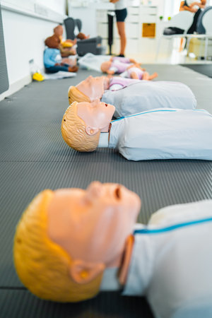 Life-like mannequins are aligned on the floor in a medical classroom, used for CPR training. This setting emphasizes emergency preparedness and enhances skills in lifesaving techniques for healthcare education.の写真素材