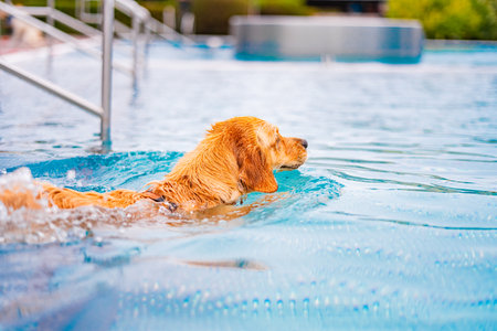 A happy golden retriever swimming gracefully in a sparkling blue pool, showing pure joy and freedom on a sunny day. Ideal image for themes of pet activity and outdoor fun.の写真素材