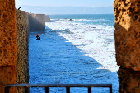 Tide at the walls of the ancient fortress of Acre, doves resting on the walls of