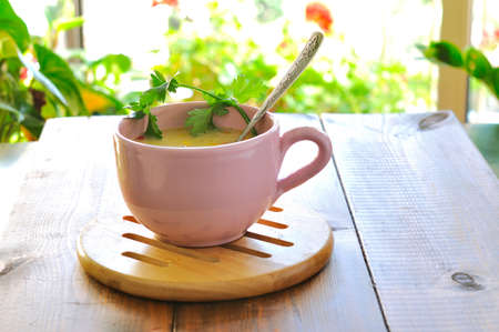 A big bowl of vegetable soup decorated with a sprig of parsley on the table in the gardenの写真素材