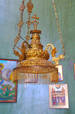 
Chandelier against the iconostasis of the Greek Orthodox church of Capernaum on the Sea of Galilee の写真素材