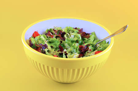 Big yellow bowl of salad sfotografiravannaya against yellow backgroundの写真素材