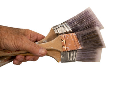 Paint brushes in the artist's hand against a white backgroundの写真素材