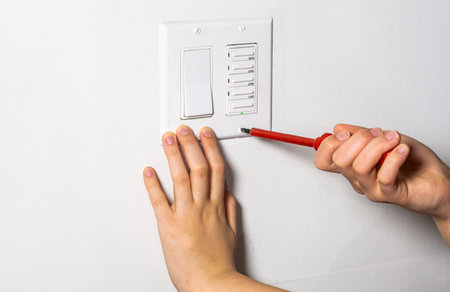 Technician tightens the last screw on the fan timer and light switch