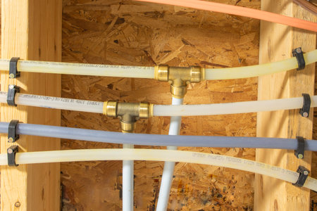 Installation of heating pipes in a new house, closeup of photoの写真素材