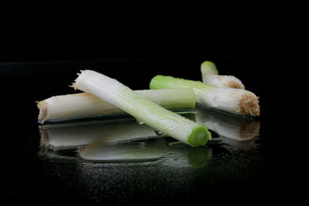 several spring onions with water on black backgroundの写真素材