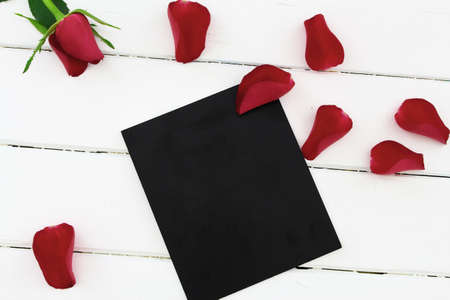 Red rose with greeting card on woodの写真素材