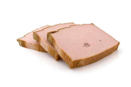 Three slices of liver cheese on a white backgroundの写真素材