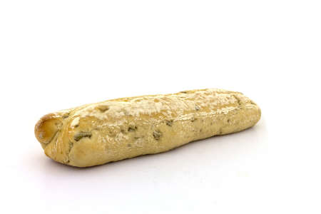 An olive baguette on a white backgroundの写真素材