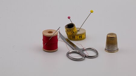 Sewing items, bobbins, thread, needles, scissorsの写真素材