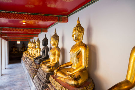 Row of sitting Buddha statues in Buddhist temple Wat Pho, Bangkok, Thailand