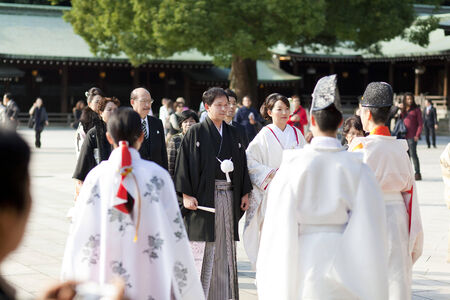Japanese people dress up in formal for a celebration of a wedding ceremony at Meiji Jingu Shrineのeditorial素材