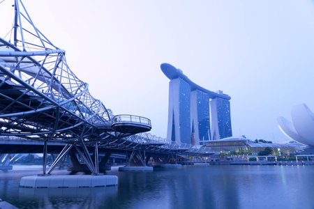 Nightscape of Singapore Marina Bay Sand and Helix Bridgeのeditorial素材