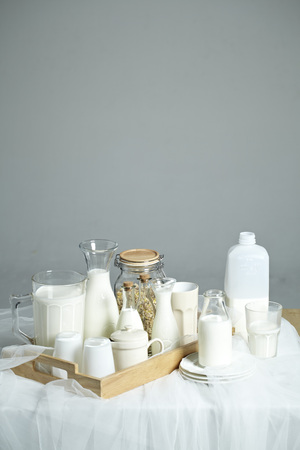 many kind of milk in bottlesの写真素材