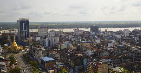 aerial view of Sule pagoda in Yangon, Myanmarのeditorial素材