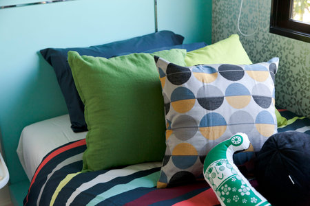 Modern style pillows setting in bedroomの写真素材