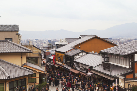 Tourists walk on a street around Kiyomizu Templeのeditorial素材