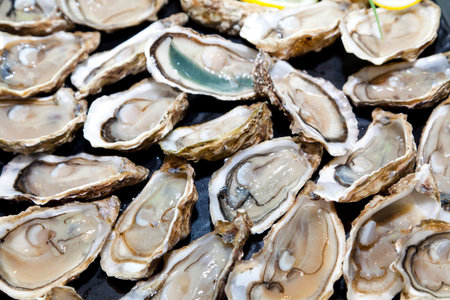 Opened Oysters on stone slate plate