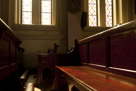 Empty Wooden Bench On The Churchのeditorial素材