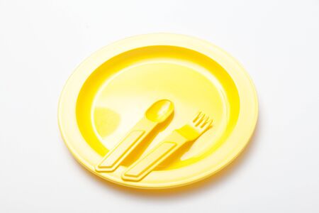 Plastic cutlery set isolated on a white backgroundの写真素材