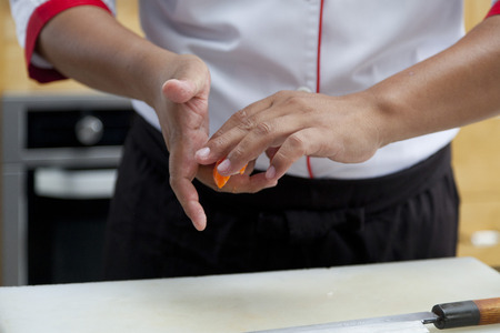 Japanese chef making salmon sushi - japanese foodの写真素材