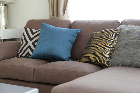 contemporary interior of Living room with black,white and blue cushionの写真素材
