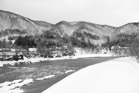 Shogawa River Valley in the remote mountains at Shirakawaの写真素材