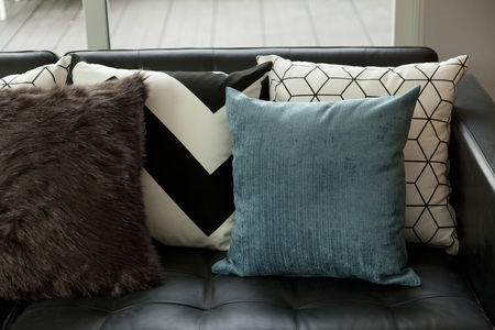 Blue and brown modern livingroom with sofaの写真素材