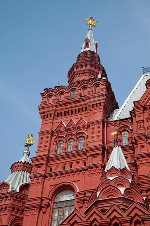 Scenic view of the State Historical Museum from Red Square, iconic landmark in central Moscow,...