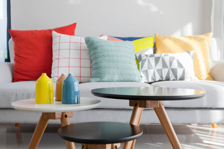 colorful pattern cushion on sofa in livingroomの写真素材
