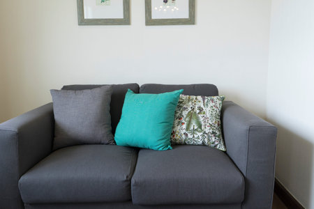 graphic pattern cushion on grey sofa