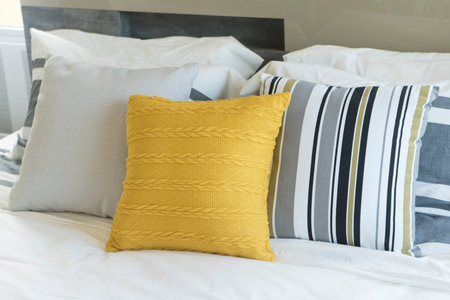 Modern style bedroom with pillows on bed