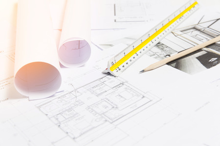 construction plan with pencil and rulerの写真素材