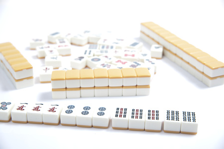 Mahjong pieces on white backgroundの写真素材