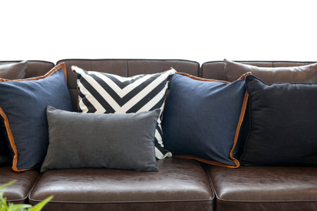 graphic pattern cushion on leather sofa in industrial style decoration