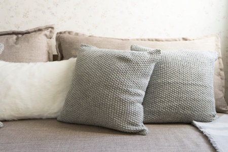 Gray and white pillow on white sofa in living room