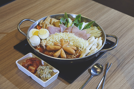 Budaejjigae delicious Korean noodles in a pot with Vegetable set for Family. Korean food.の写真素材