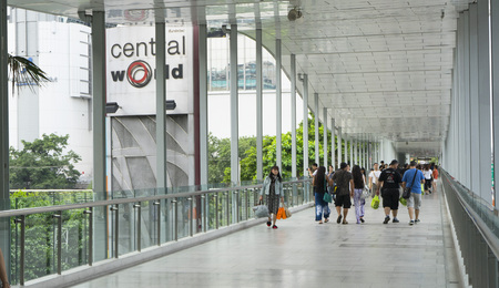 Crowd of people walking on The R Walk in Ratchaprasong district in Bangkok,Thailandのeditorial素材