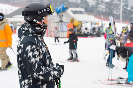Crowded of tourists enjoy the activities in Jisan Forest Ski Resort in Seoul, South Koreaのeditorial素材