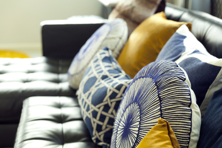 luxury living room style with set of pillows on classic sofa interior design concepの写真素材