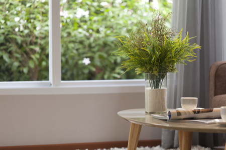 green plant vase on table and brown sofa in modern living roomの写真素材