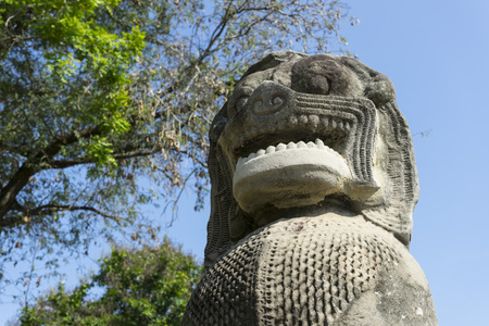 Singha sandstone statue in Prasat Hin Phimai of Phimai historical park.の写真素材