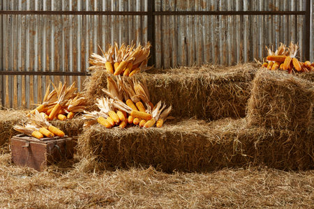 hay stacks and corn stark in barn houseの写真素材