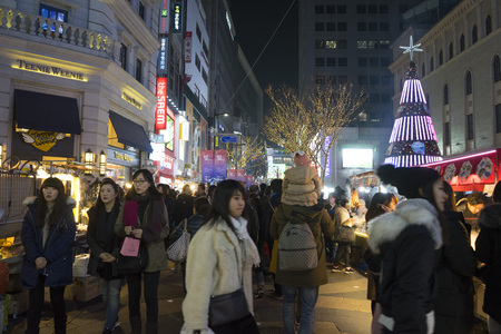 Unidentified people shopping and walking in Myeongdong shopping street in Seoul, South Koreaのeditorial素材