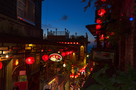 Beautiful Old Town Jiufen with crowd of tourists sightseeing at nighttime in New Taipei City, Taiwanのeditorial素材