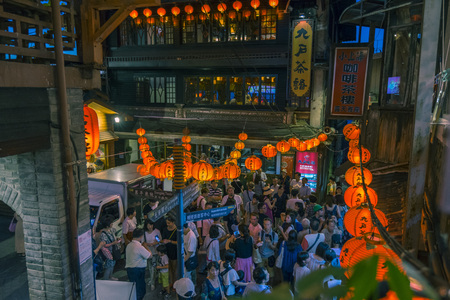 Beautiful Old Town Jiufen with crowd of tourists sightseeing at nighttime in New Taipei City, Taiwanのeditorial素材