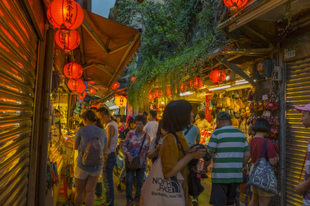 Beautiful Old Town Jiufen with crowd of tourists sightseeing at nighttime in New Taipei City, Taiwanのeditorial素材