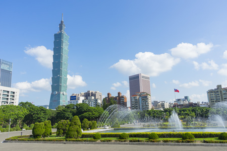 Taipei 101 Skyscraper and blue sky in Taipei, Taiwanのeditorial素材