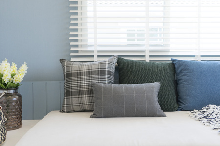 contemporary interior of Living room with black,white and blue cushionの写真素材